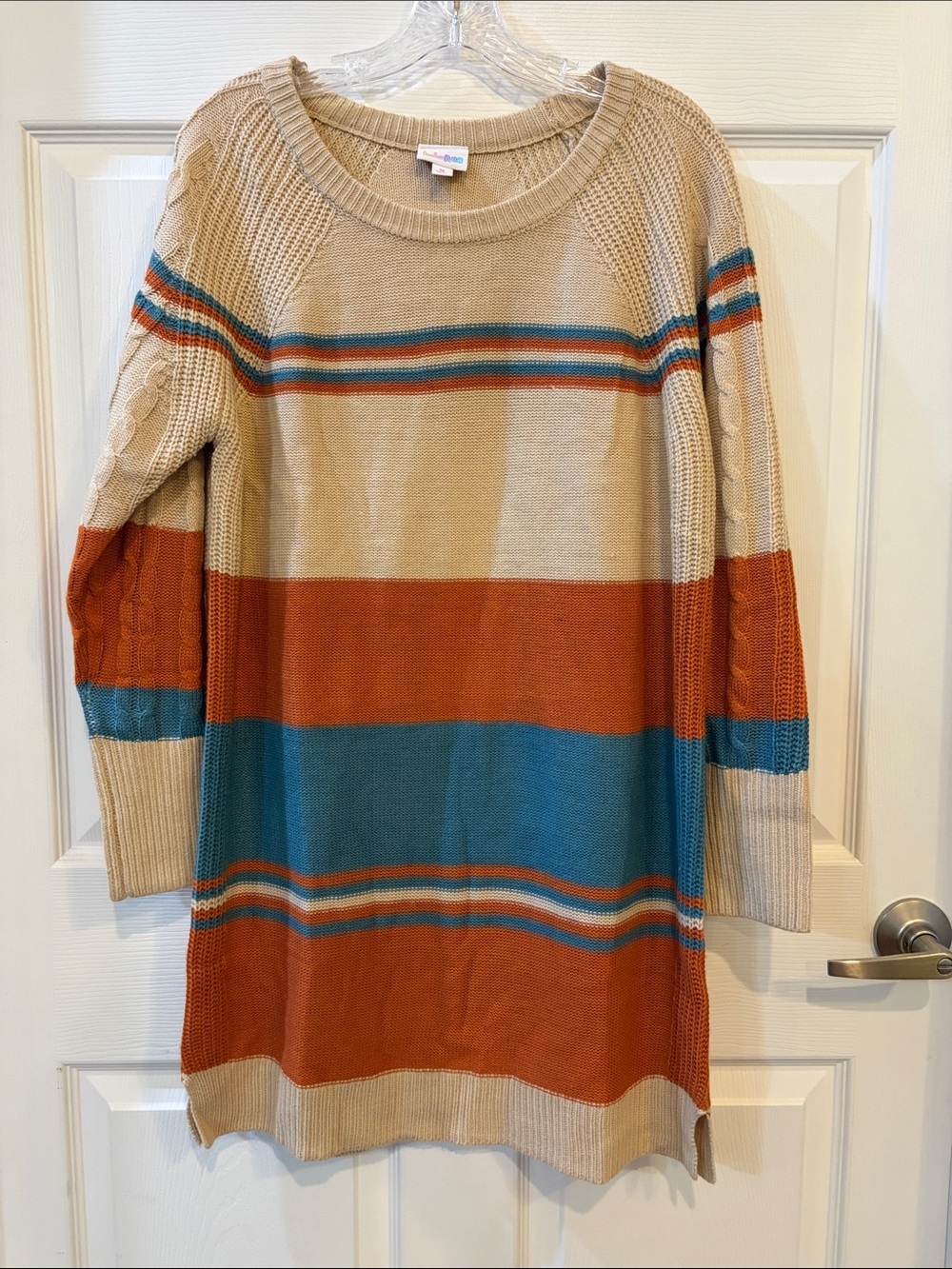 LuLaRoe Beige Sweater Dress with Rust & Teal Stripes